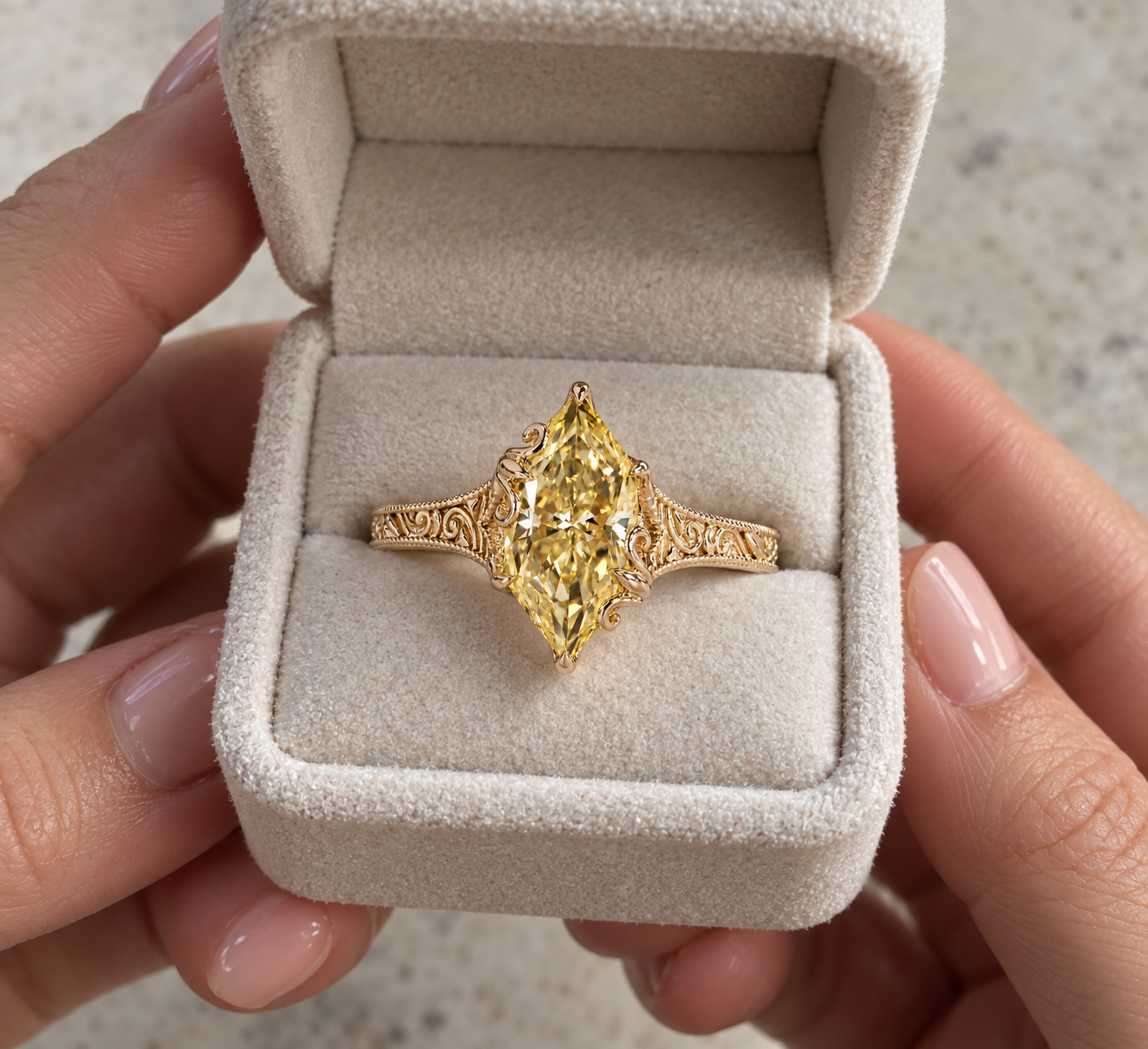 Yellow Dutch Marquise Lab Grown Diamond Engagement Ring Art Deco Tulip 14K Gold IGI Certified VVS2 - VS1