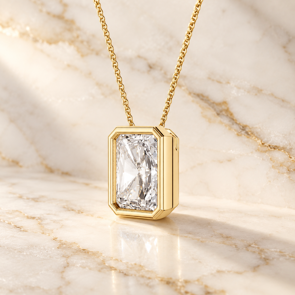 Radiant Cut Lab Grown Diamond Pendant Necklace, 14K Gold Bezel Solitaire (IGI Certified)