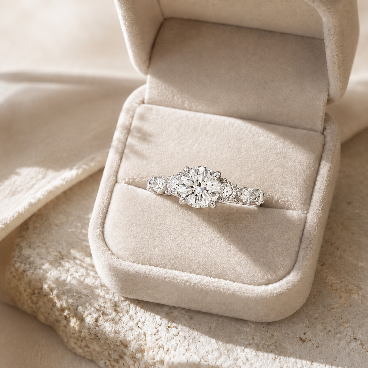 Round Lab Grown Diamond Engagement Ring Side Stone 14K White Gold E VVS2 4.2 Carat, IGI Certified