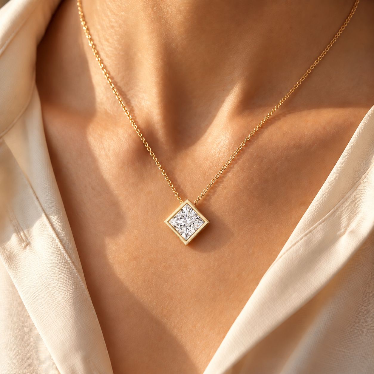 Princess Cut Lab Diamond Pendant Necklace Bezel Solitaire 14K Gold IGI Certified E VVS2
