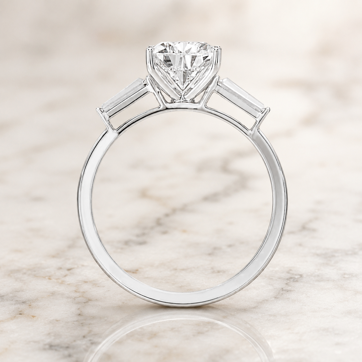 Pear Cut Lab Grown Diamond Engagement Ring Three Stone 14K Yellow Gold Tapered Baguette Side Stones