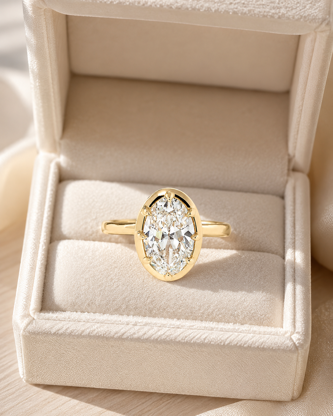 Oval Lab Grown Diamond Engagement Ring Bezel Hidden Halo 14K Yellow Gold Comfort-Fit Band