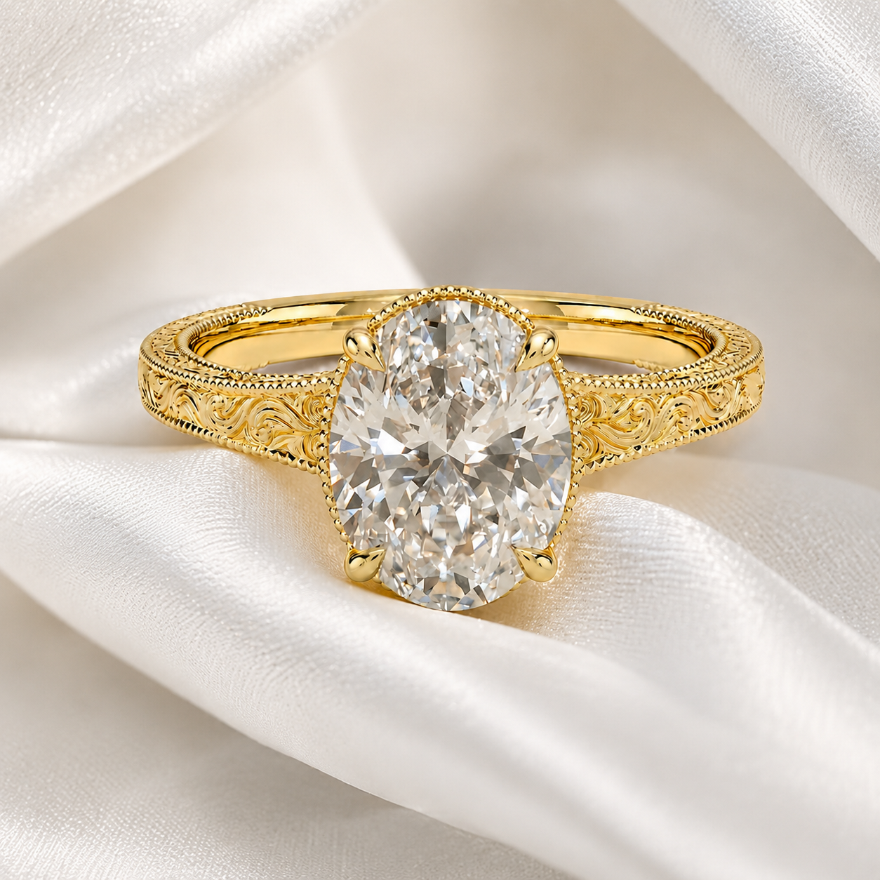 Oval Lab Grown Diamond Engagement Ring Four Prong Solitaire 14K Yellow Gold Hand-Engraved Milgrain Band
