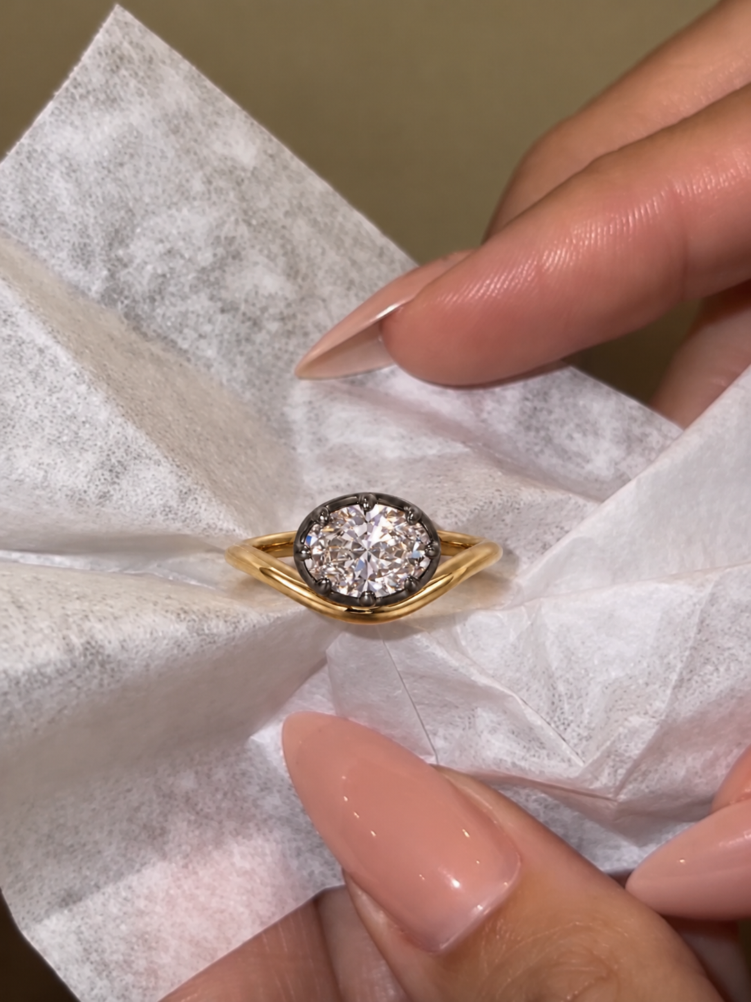 Oval Lab Grown Diamond Pinky Ring Bezel-Prong 14K Yellow & Black Gold IGI Certified