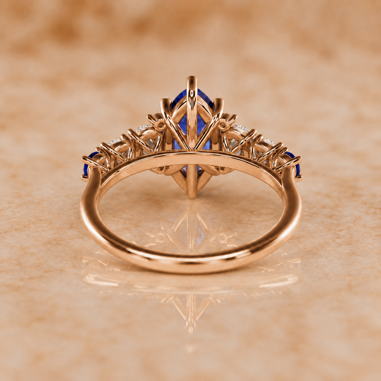 Marquise Lab Grown Blue Sapphire Engagement Ring Diamond Accent Band 14K Yellow Gold IGI Certified