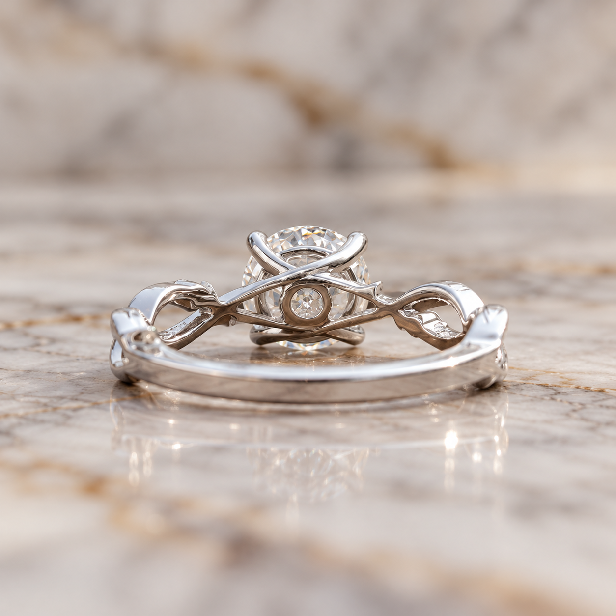 Round Engagement Ring Twisted Vine Shank 14K White Gold Colorless VVS2