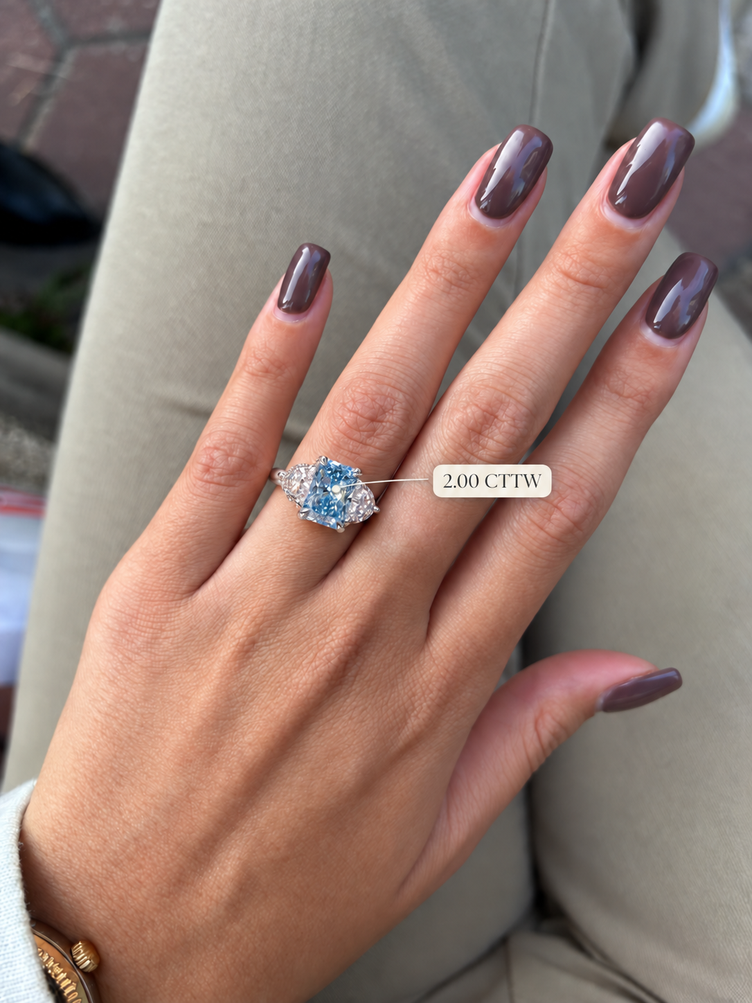 Blue Radiant Lab Grown Diamond Three Stone Ring, Half Moon Sides, IGI Certified