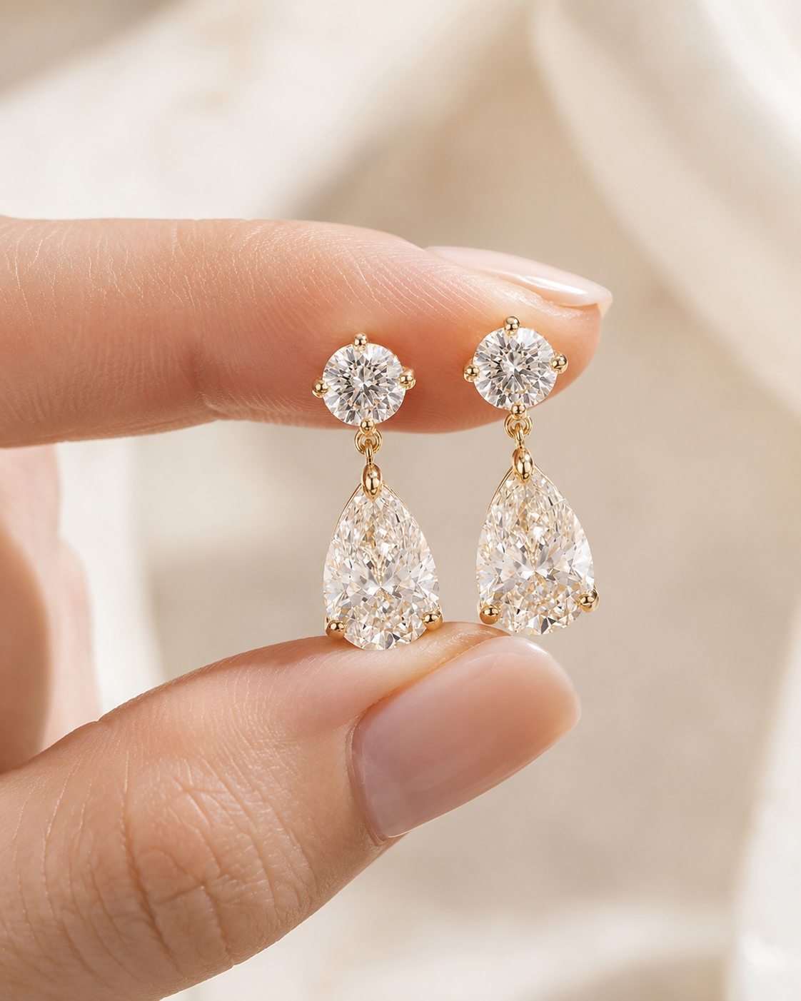 Pear & Round Lab Grown Diamond Drop Earrings Four Prong Studs 14K Yellow Gold  E VVS2