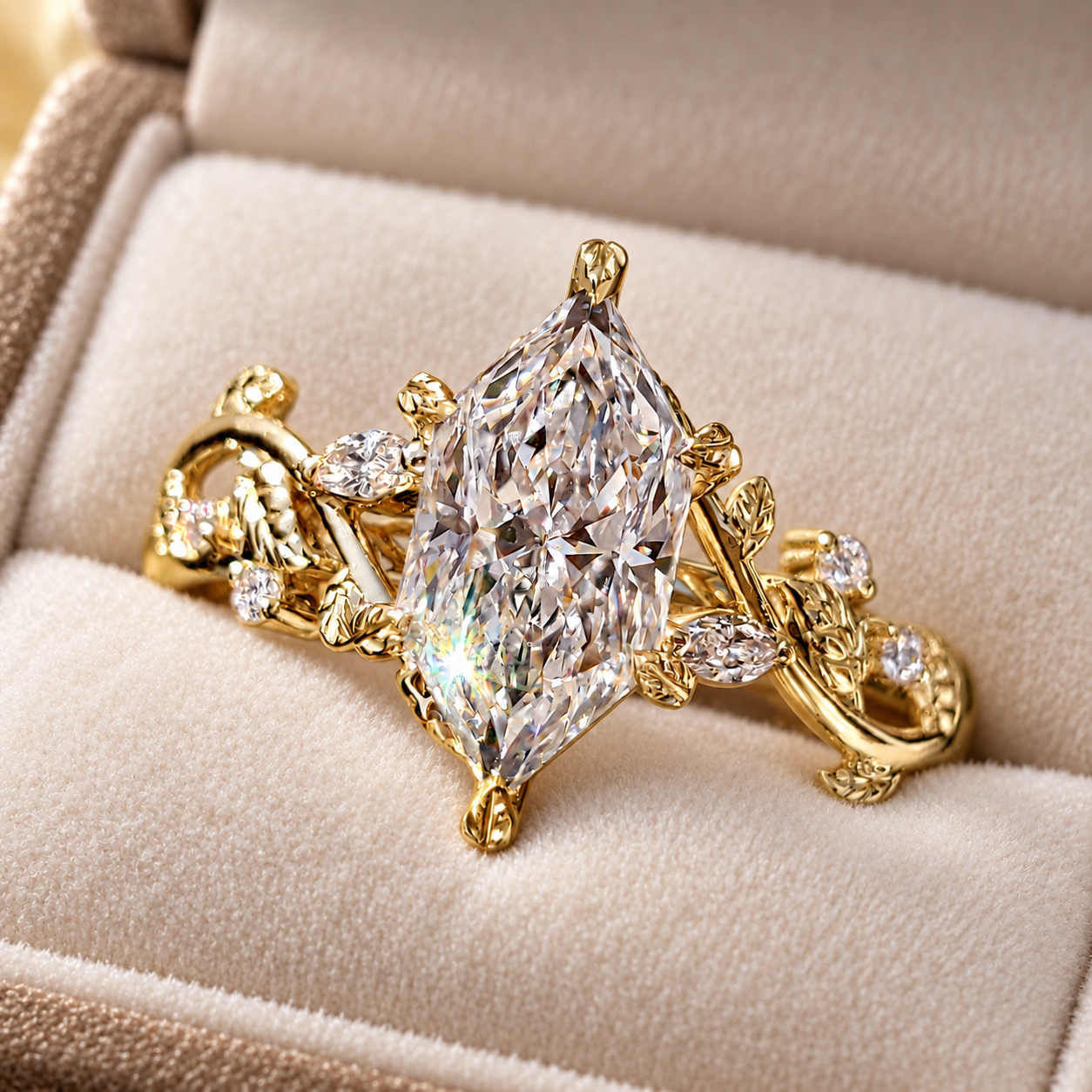 Dutch Marquise Lab Grown Diamond Engagement Ring Leaf Prong Cluster 14K Gold IGI Certified 2 Carat