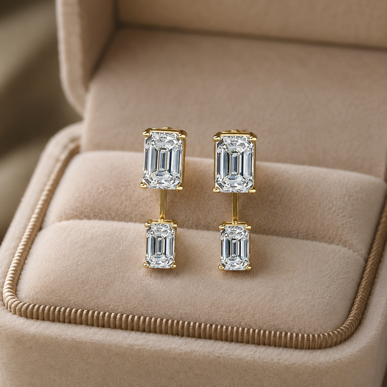 Emerald Cut Lab Grown Diamond Stud Earrings Detachable Ear Jacket 14K Gold 3ct E VVS2 IGI Certified