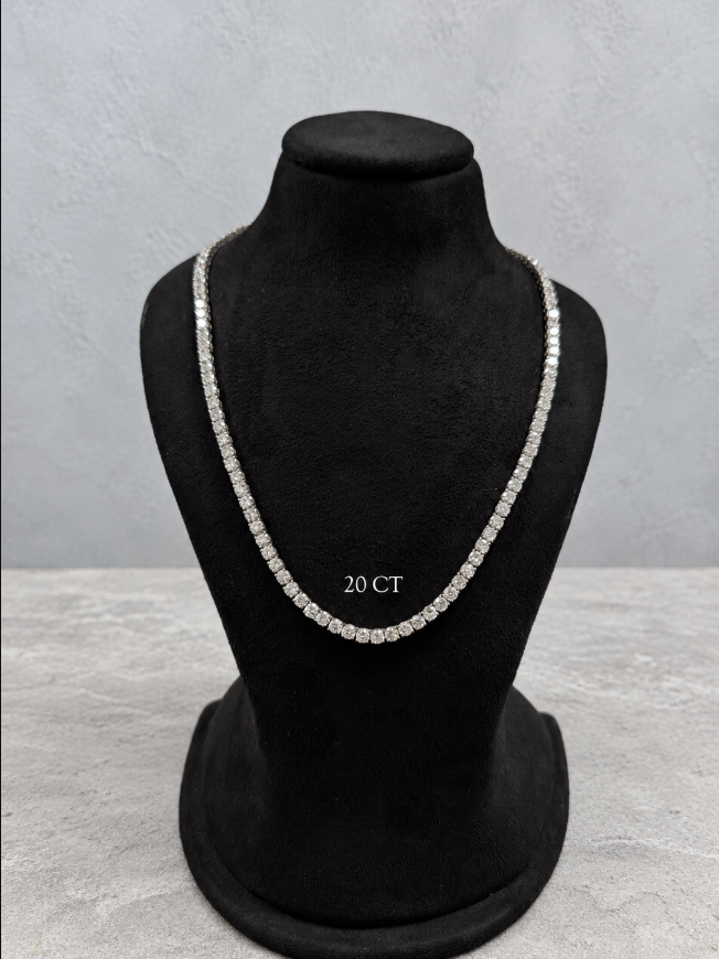 Round Lab Grown Diamond Tennis Necklace – Prong Set 14K White or Yellow Gold