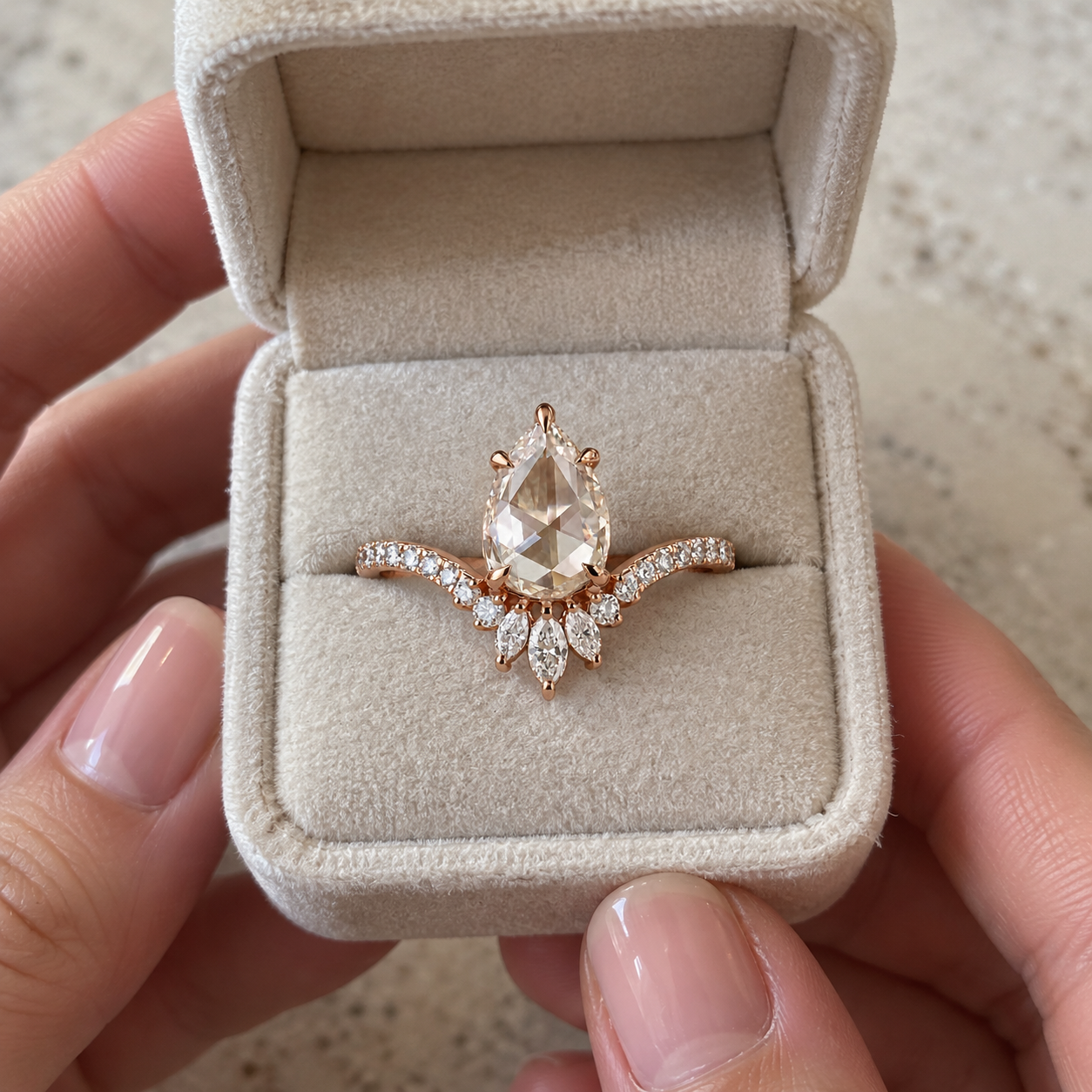 Pear Rose Cut Lab Grown Diamond Engagement Ring Claw Prong 14K Rose Gold IGI Certified
