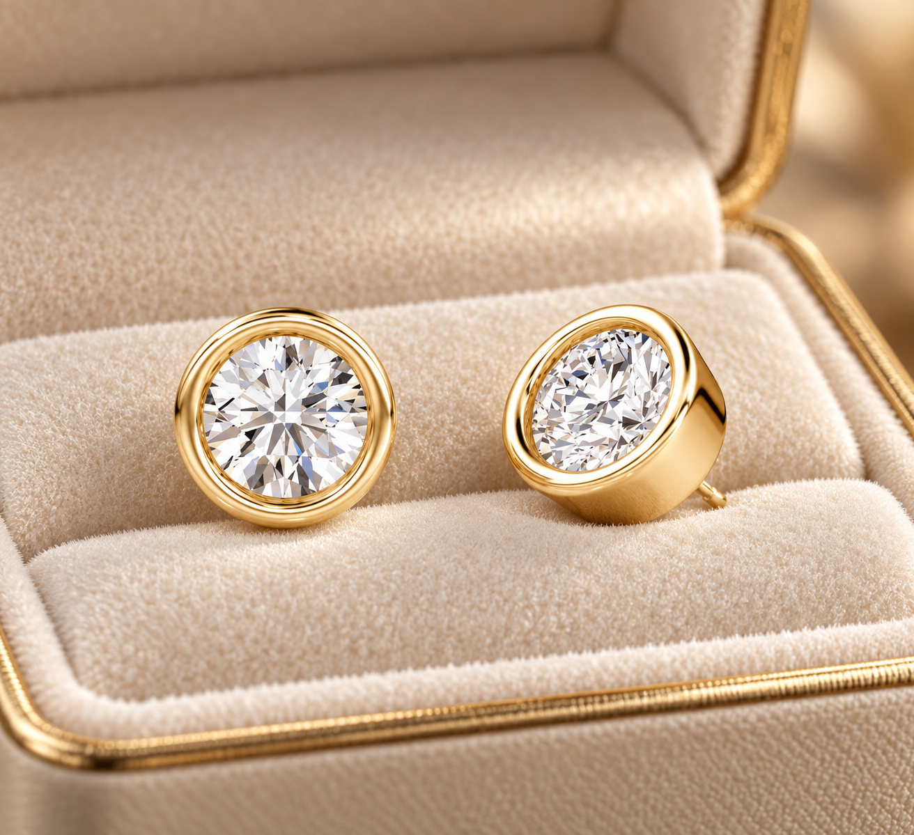 Lab Grown Diamond Stud Earrings Round Bezel Set 14K Yellow Gold IGI Certified