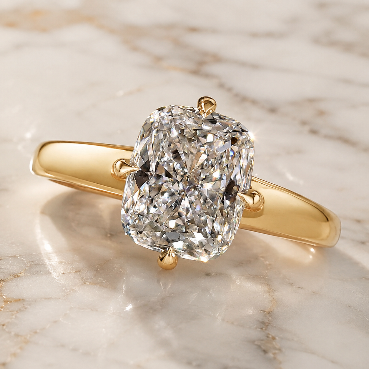 Cushion Cut Lab Grown Diamond Engagement Ring Four Prong Solitaire 14K Yellow Gold E VVS2 Elongated