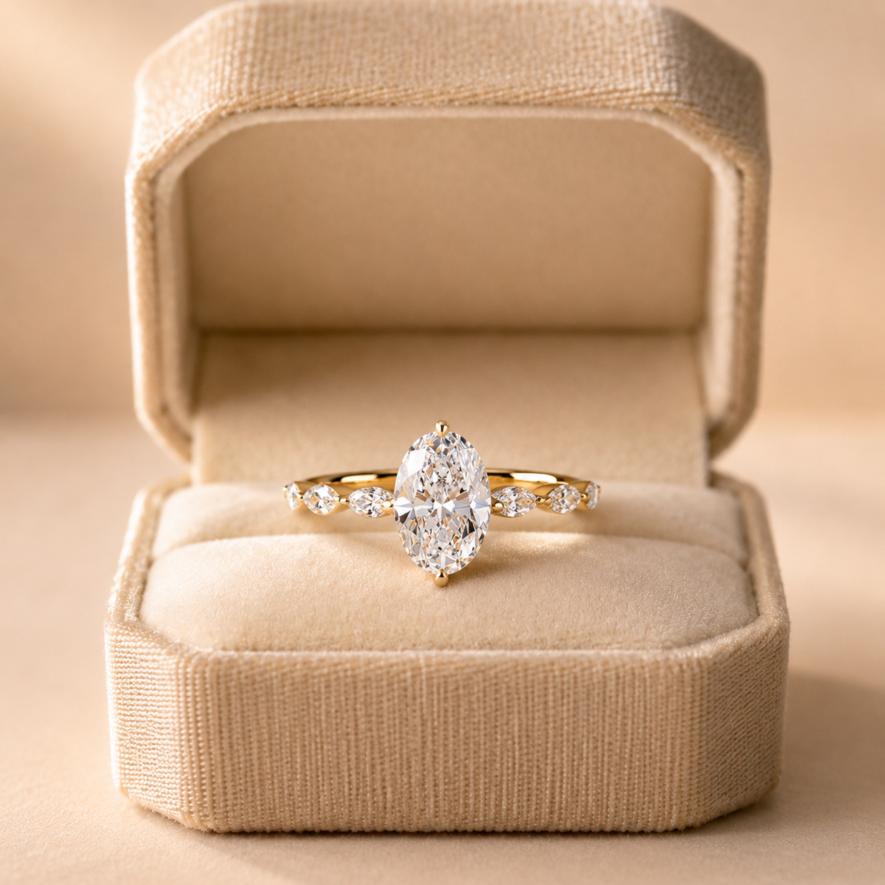 Oval Lab Grown Diamond Engagement Ring – Marquise Accent 14K Yellow Gold – Solitaire Vintage-Inspired Band