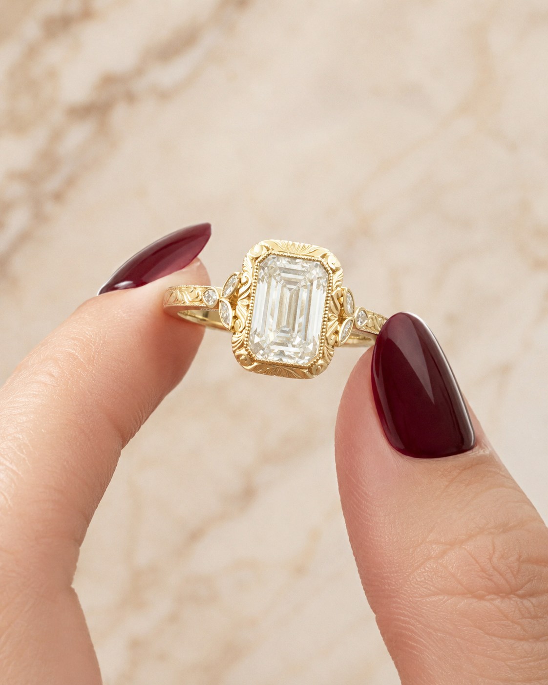 Emerald Cut Lab Grown Diamond Engagement Ring – Vintage Bezel 14K Yellow Gold – 2ct E VVS2