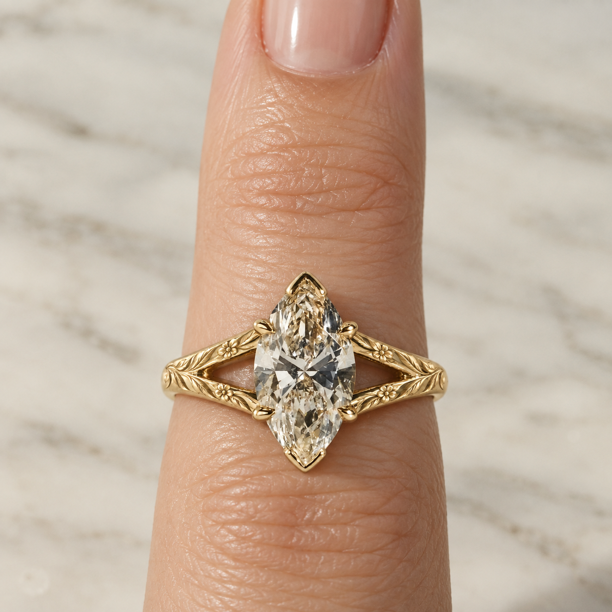 Marquise Lab Grown Diamond Engagement Ring Split Shank Solitaire 14K Yellow Gold Elongated Center Stone