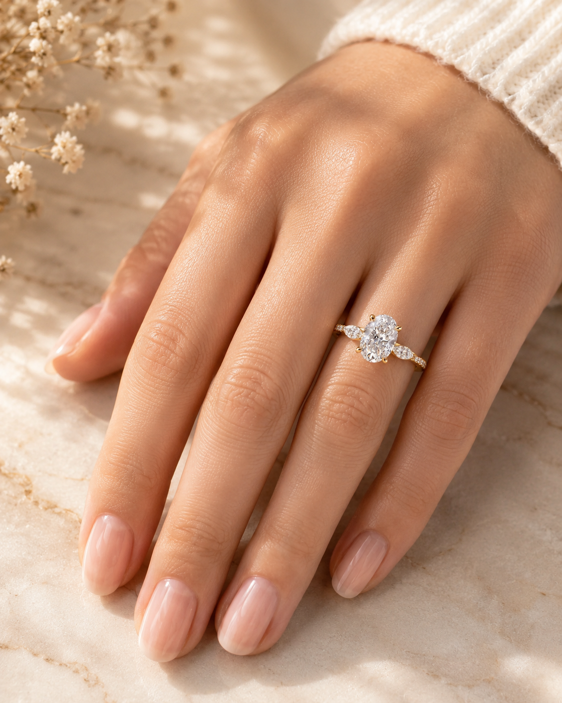 Oval Lab Grown Diamond Engagement Ring  Marquise Side Stone Pavé 14K Yellow Gold IGI Certified 2ct