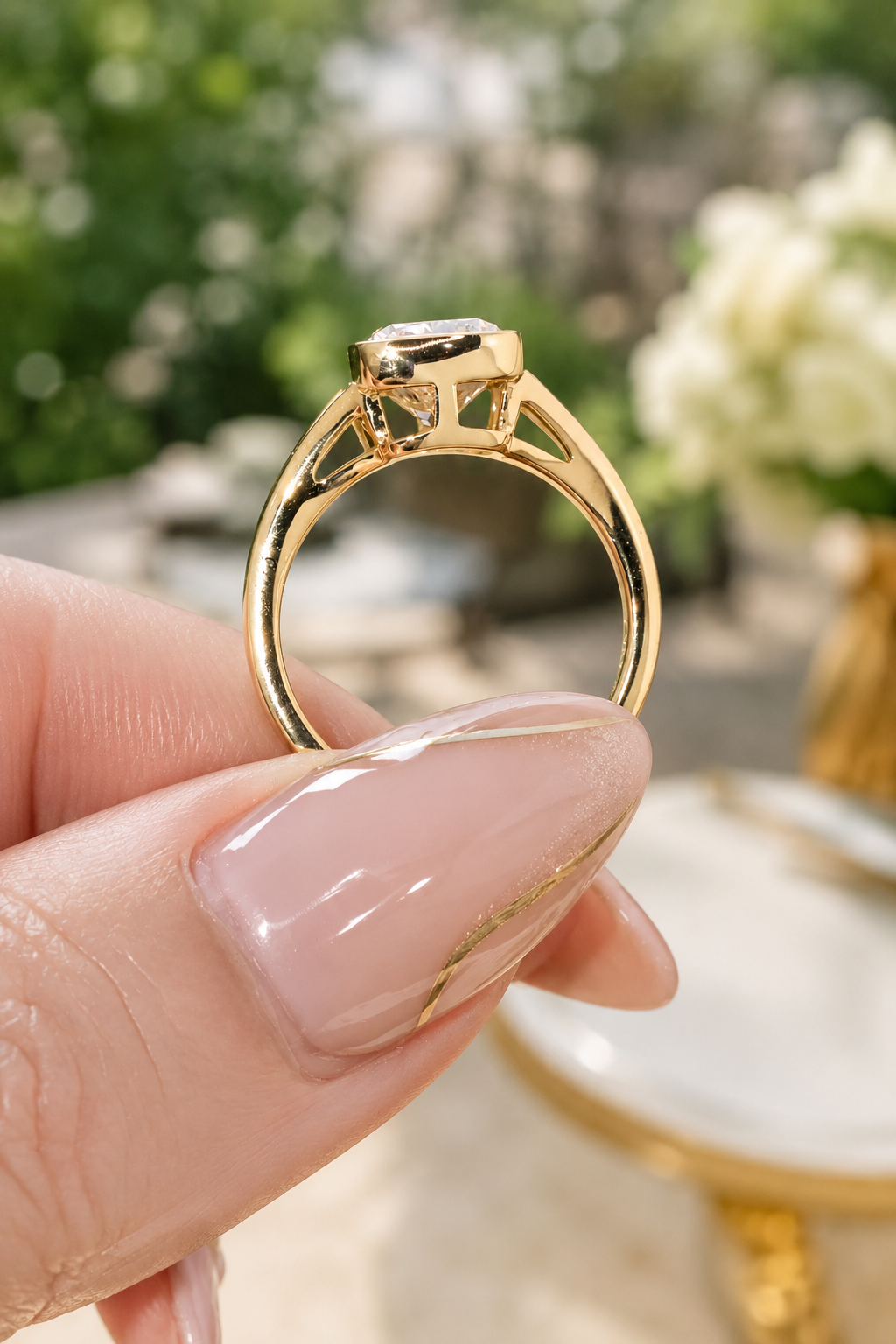 Cushion Lab Grown Diamond Engagement Ring Bezel Split Shank 14K Yellow Gold IGI Certified 3.08 Carat
