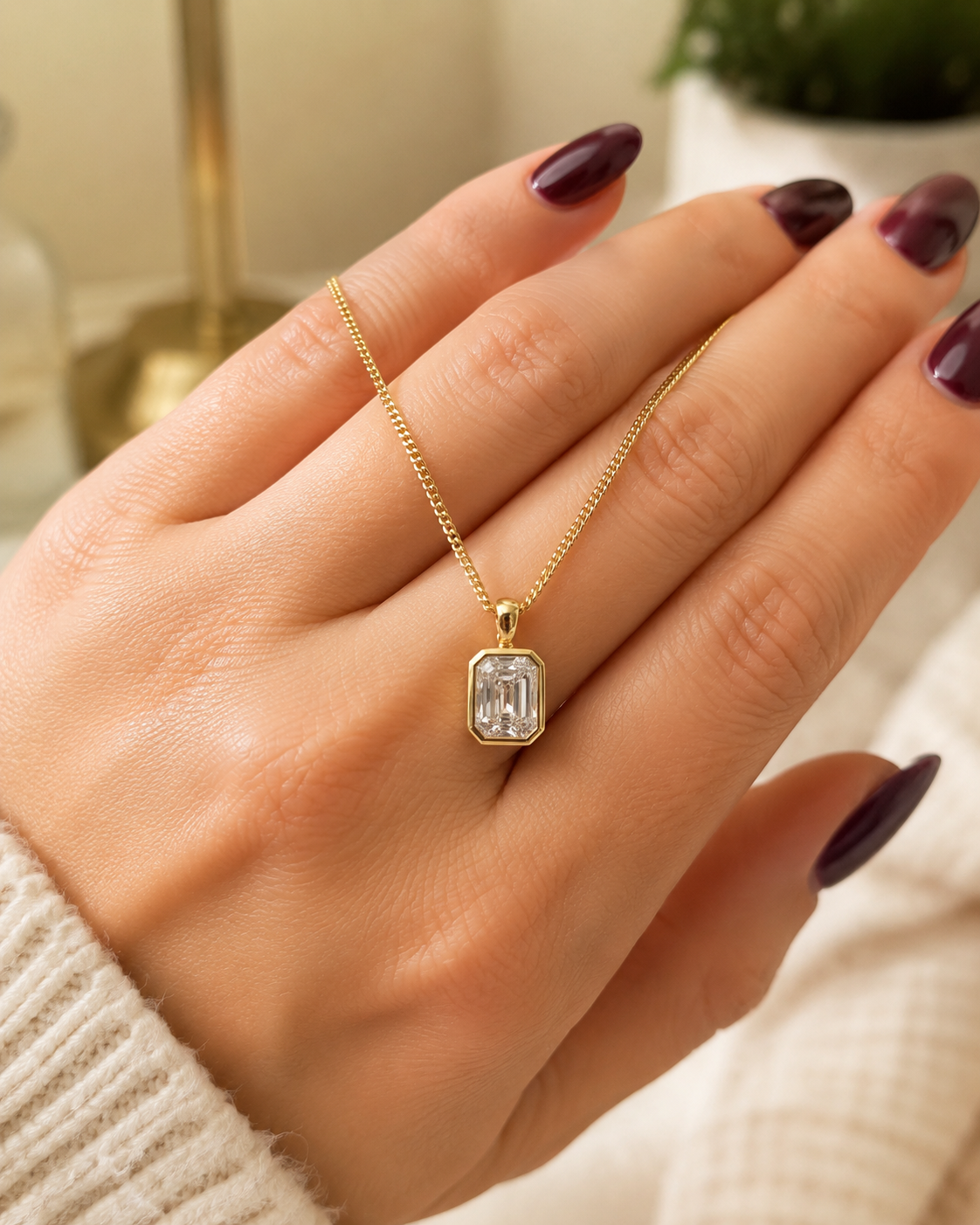 Emerald Cut Lab Grown Diamond Bezel Pendant Necklace – Solitaire 14K Yellow Gold – Curb Chain