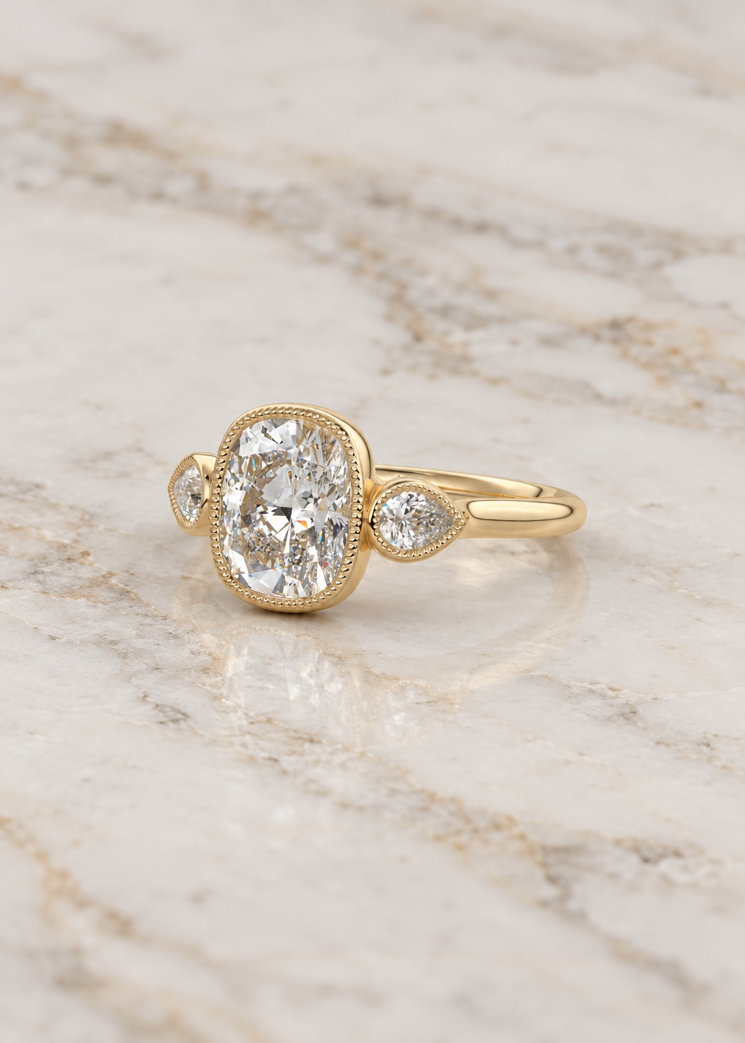 Cushion Lab Grown Diamond Engagement Ring Three Stone Pear Accent 14K Rose Gold Bezel Milgrain Setting