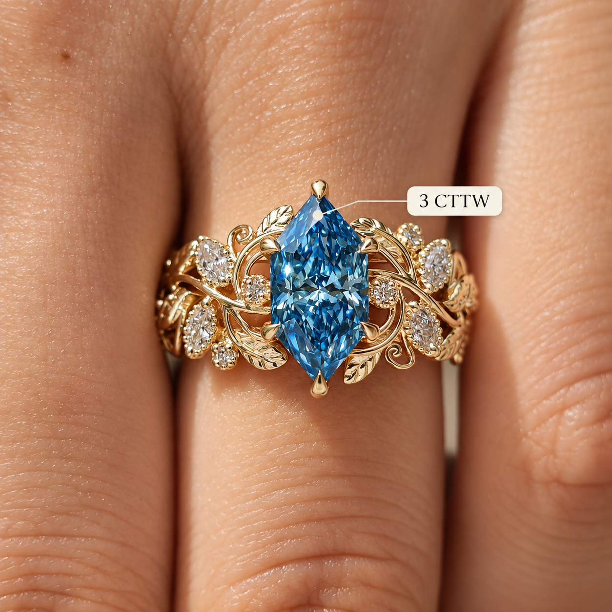 Blue Marquise Lab Grown Diamond Engagement Ring Leaf & Vine 14K Gold IGI Certified 1.5 Carat