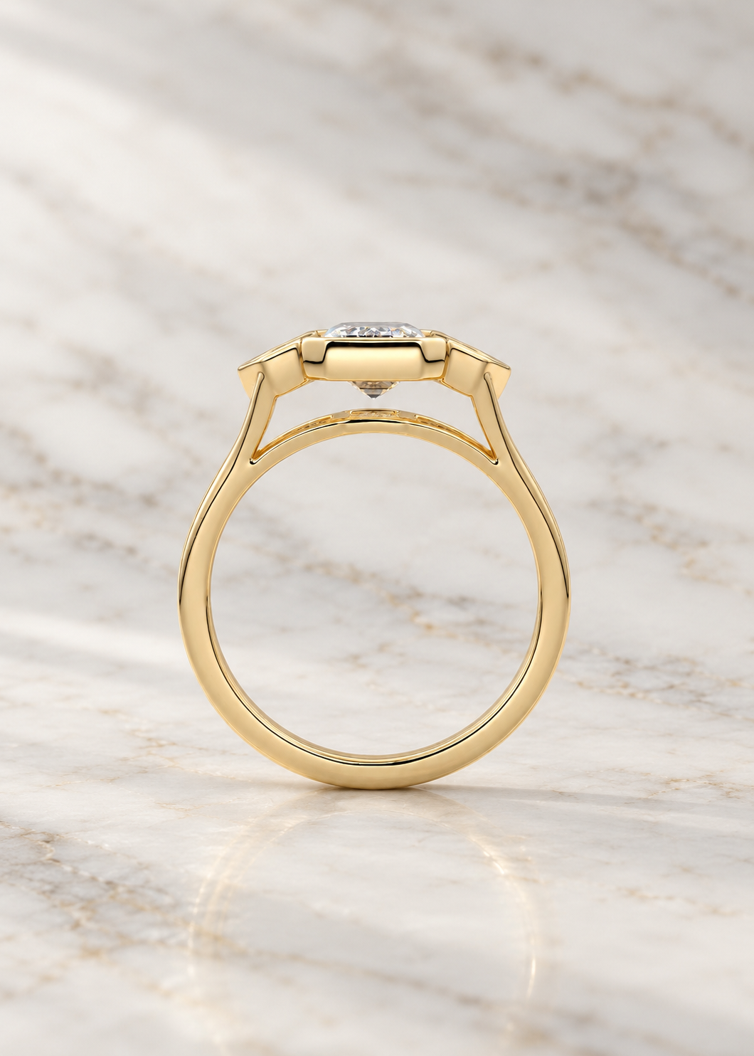 Emerald Cut Lab Grown Diamond Engagement Ring Three Stone Bezel 14K Rose Gold Cadillac Side Stones