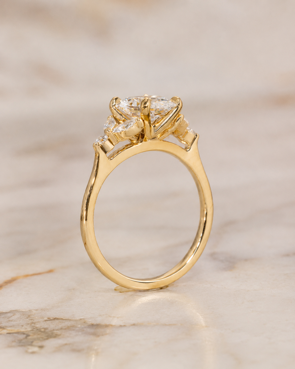 Oval Lab Grown Diamond Engagement Ring  Floral Cluster 14K Yellow Gold IGI Certified 1.54 Carat E VVS2