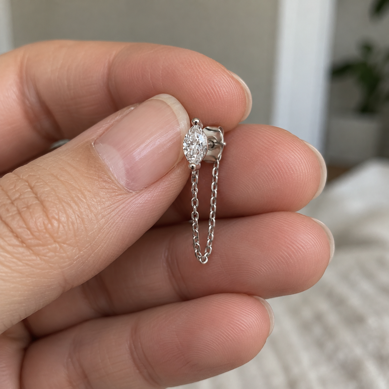 Marquise Lab Diamond Chain Earring, 14K White Gold Drop (IGI Certified)