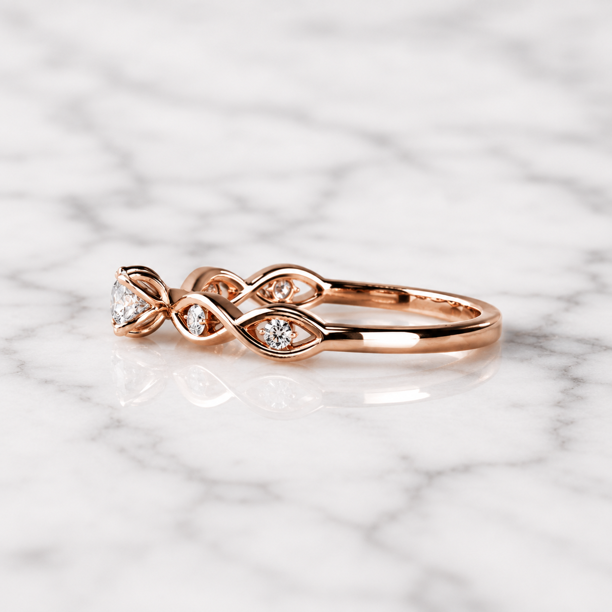 Round Lab Grown Diamond Engagement Ring Twisted Shank Solitaire 14K Rose Gold VVS2 E Side Stones