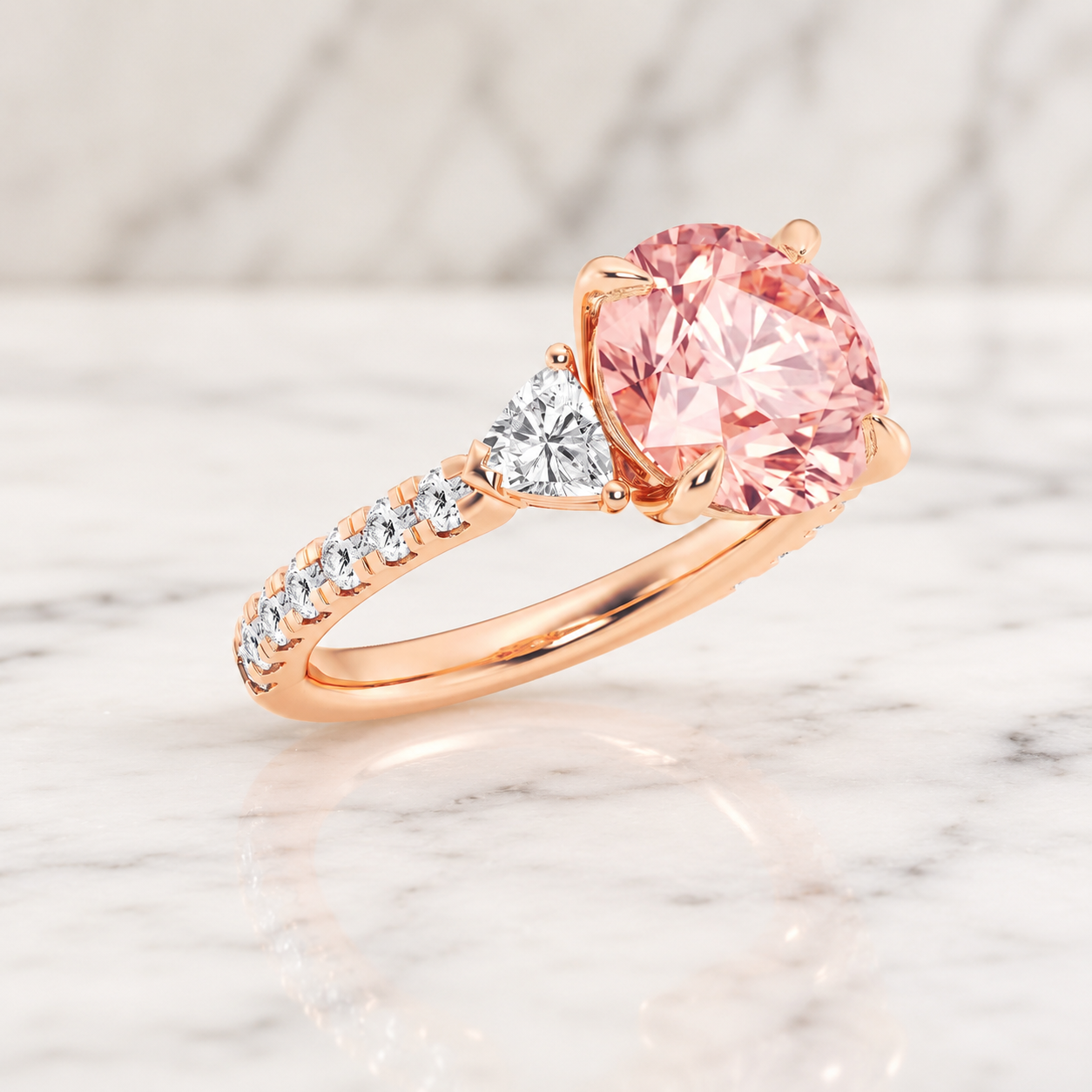 Pink Round Lab Grown Diamond Engagement Ring Three Stone 14K Rose Gold IGI Certified 3 Carat