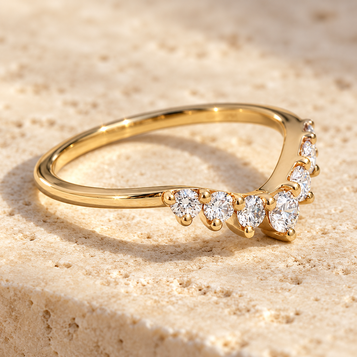 Round Lab Grown Diamond Curved Wedding Band – 7 Stone Graduated 14K Yellow Gold