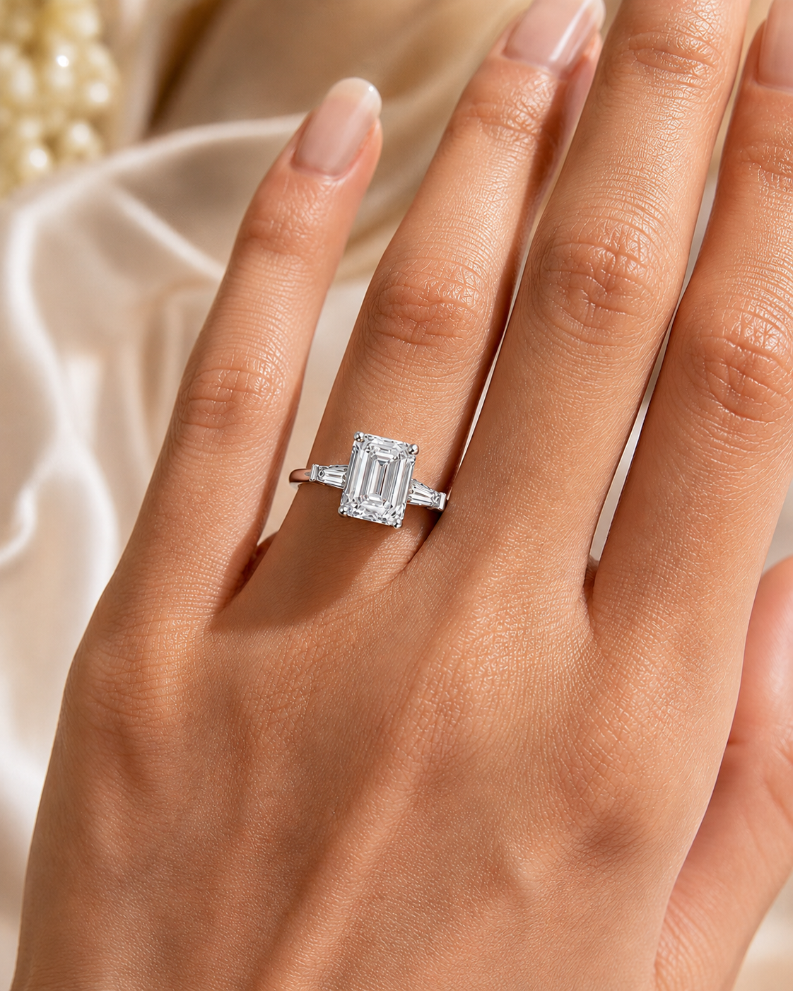 Emerald Cut Lab Grown Diamond Engagement Ring Three Stone Tapered Baguette 14K White Gold Four-Prong Bar-Set Setting