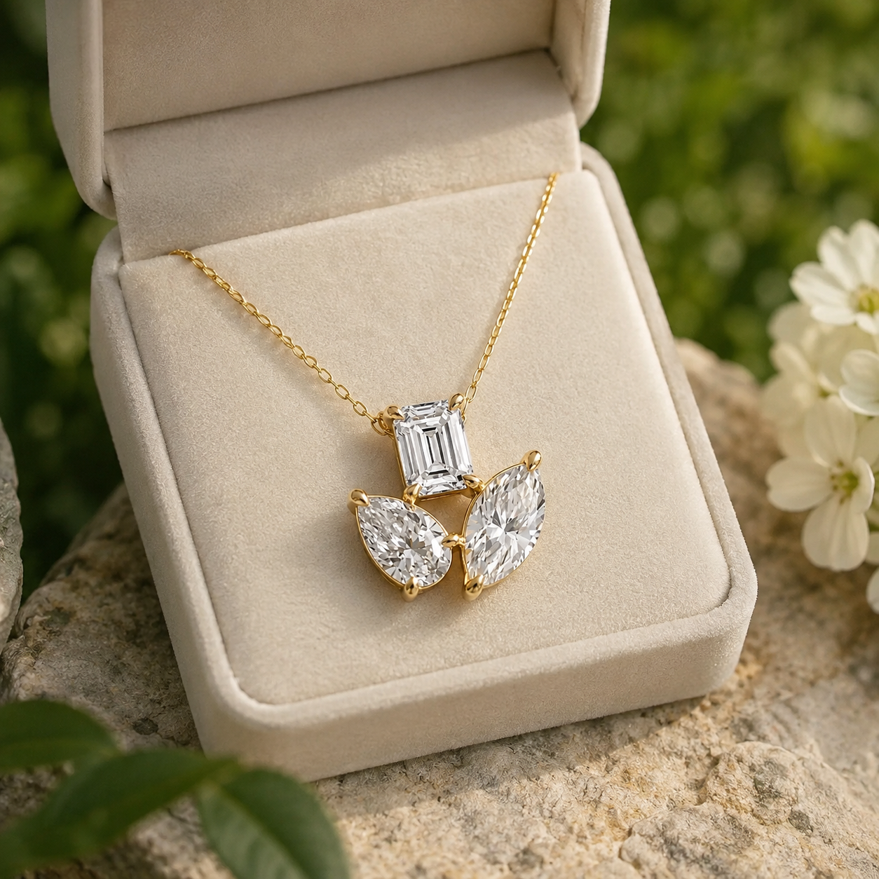 Multi-Shape Lab Grown Diamond Three Stone Pendant Fan Prong 14K Yellow Gold – 2.78ctw E VVS2