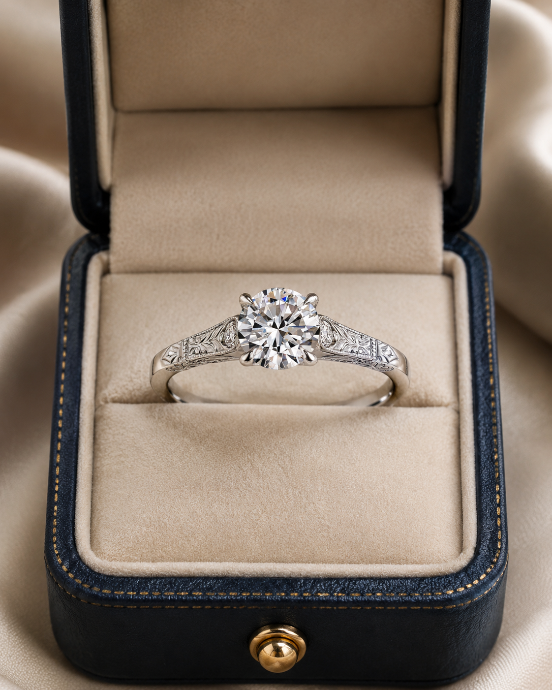 Round Lab Grown Diamond Engagement Ring Vintage Solitaire 14K White Gold Hand-Engraved Accent Setting