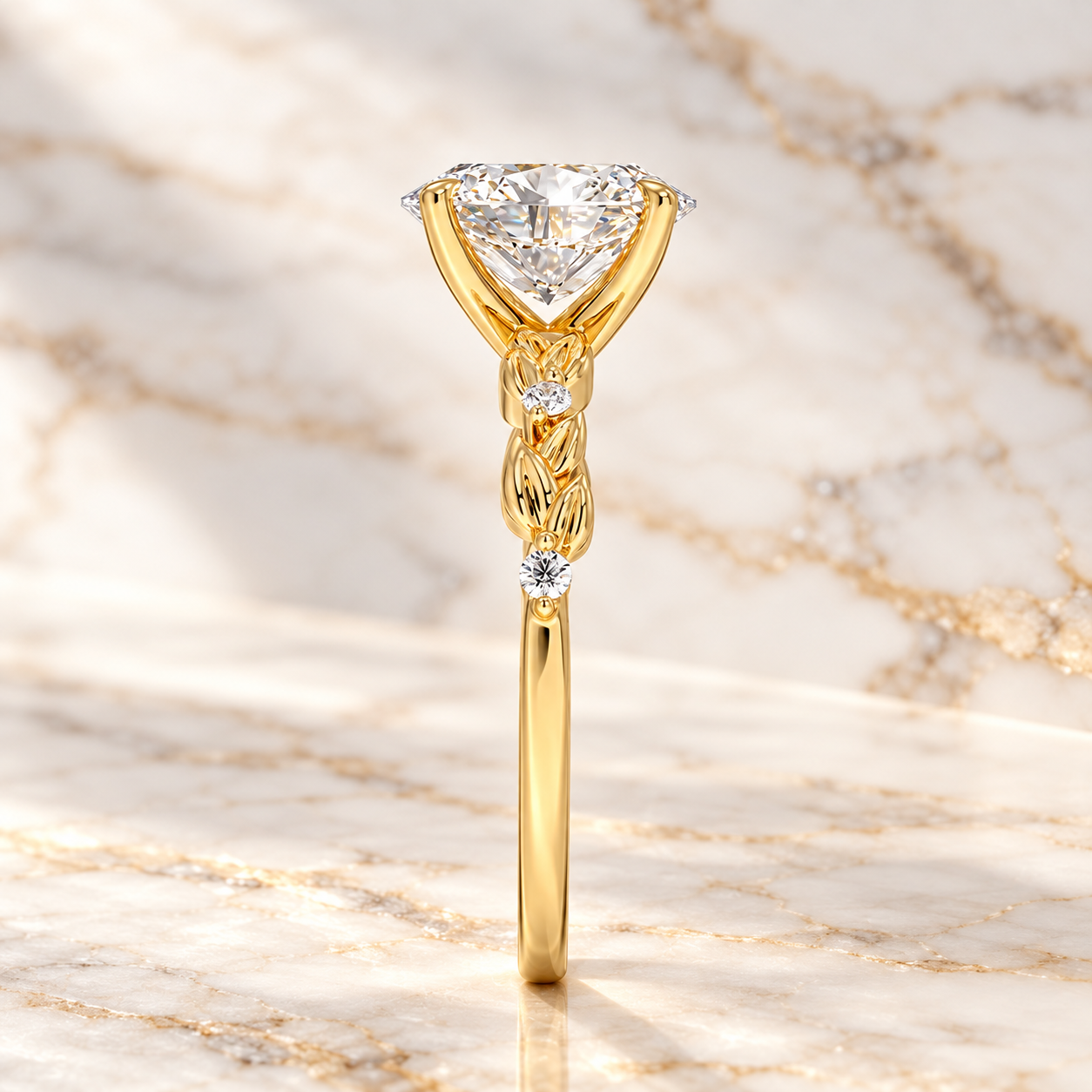 Oval Lab Grown Diamond Engagement Ring Nature Inspired 14K Yellow Gold Four Prong Accented Band