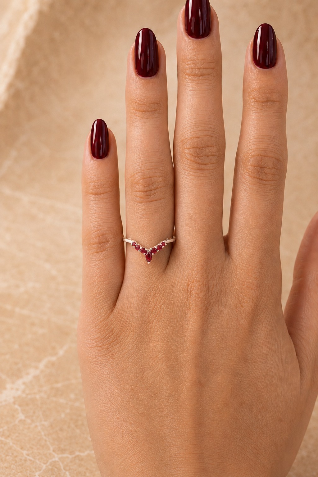 Ruby Wedding Band Marquise & Round Curved 14K Gold Stacking Ring for Women