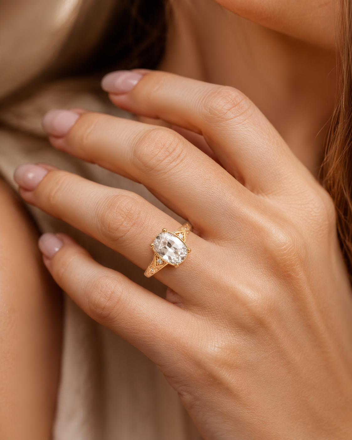 Cushion Lab Grown Diamond Vintage Engagement Ring Side Stone 14K Yellow Gold IGI Certified 2 Carat