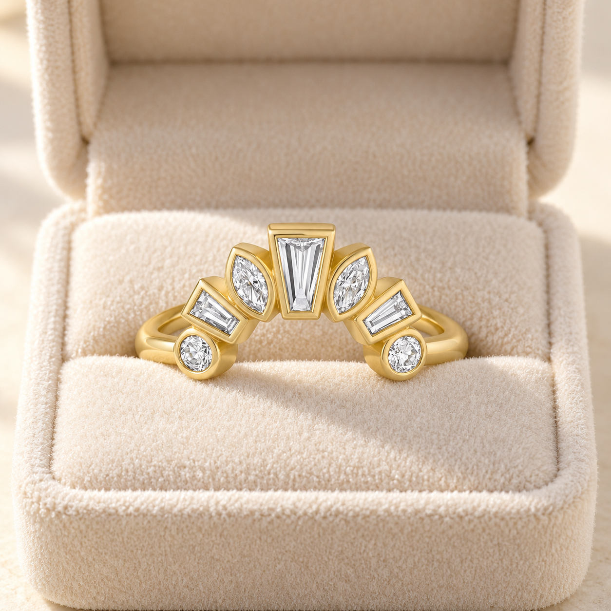 Bezel Set Diamond Ballerina Band Marquise Baguette Crown Ring 14K Yellow Gold Stacking Band