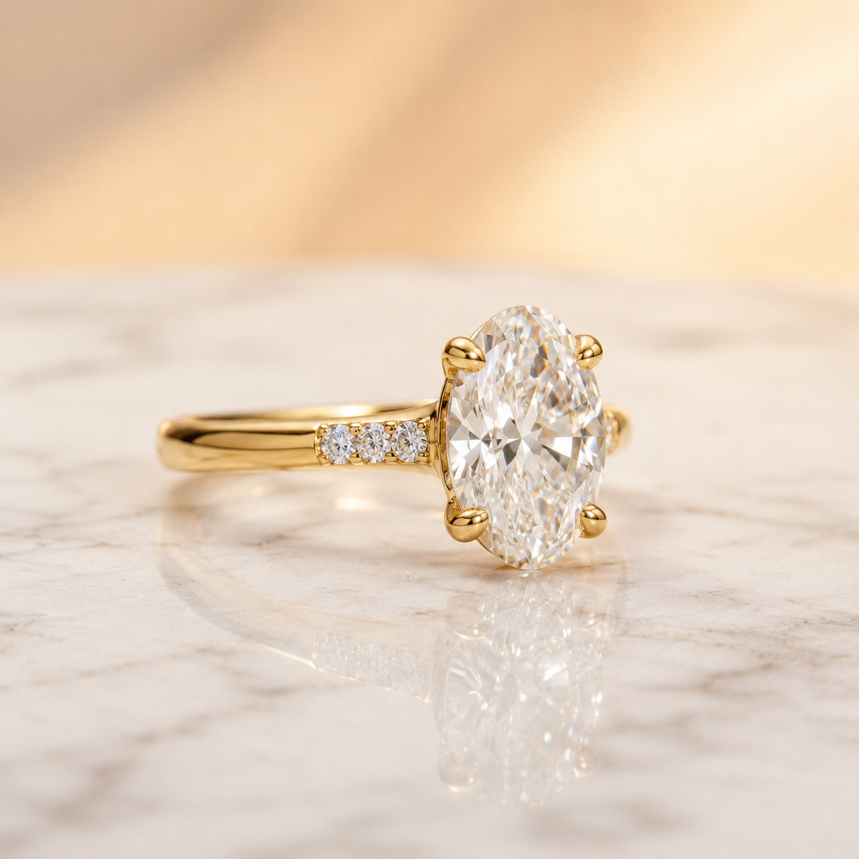 Oval Lab Grown Diamond Engagement Ring – Cathedral Trio Pavé 14K Gold – IGI Certified E VVS2