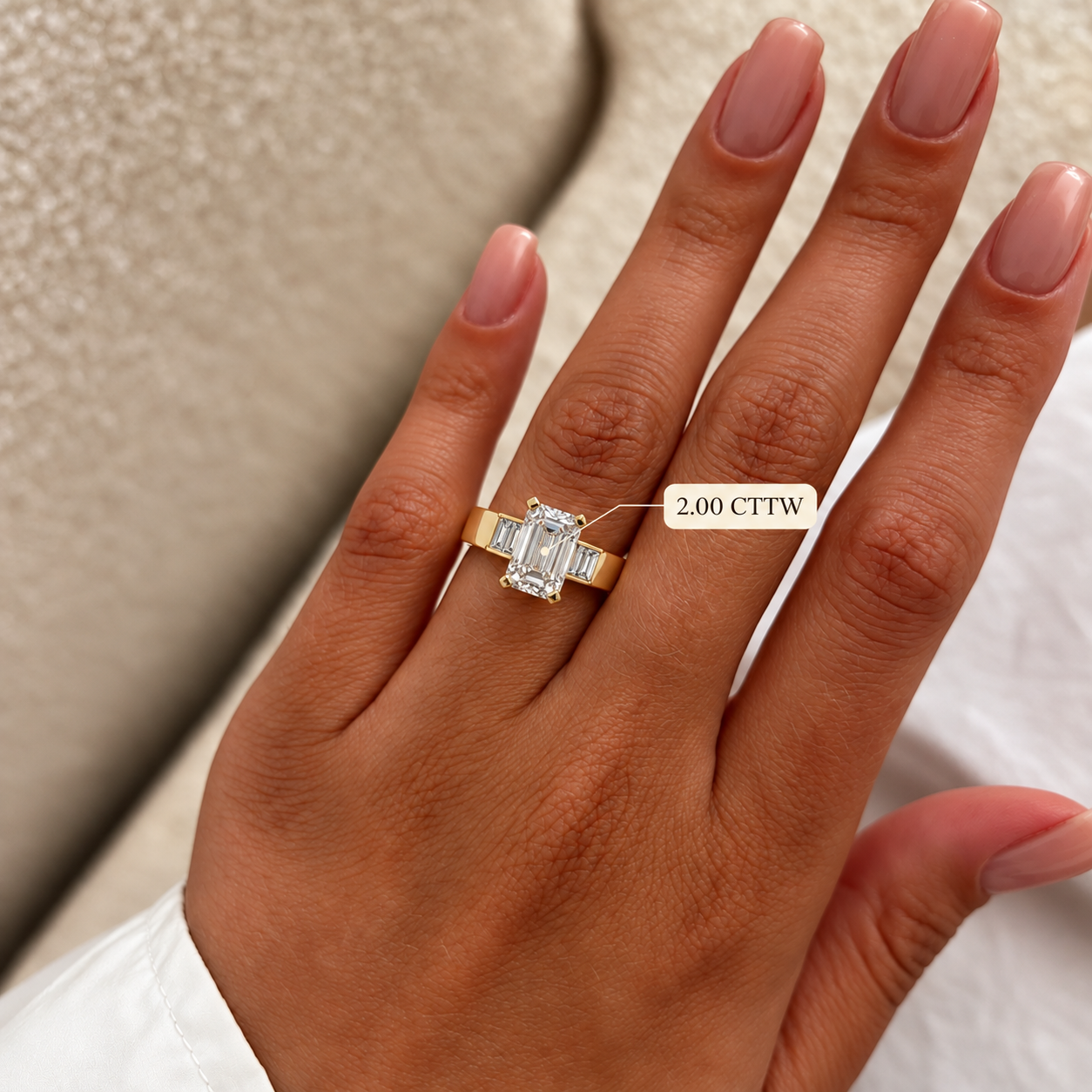 Emerald Cut Lab Grown Diamond Engagement Ring, Baguette Side Stones, 14K Yellow Gold Tapered Band