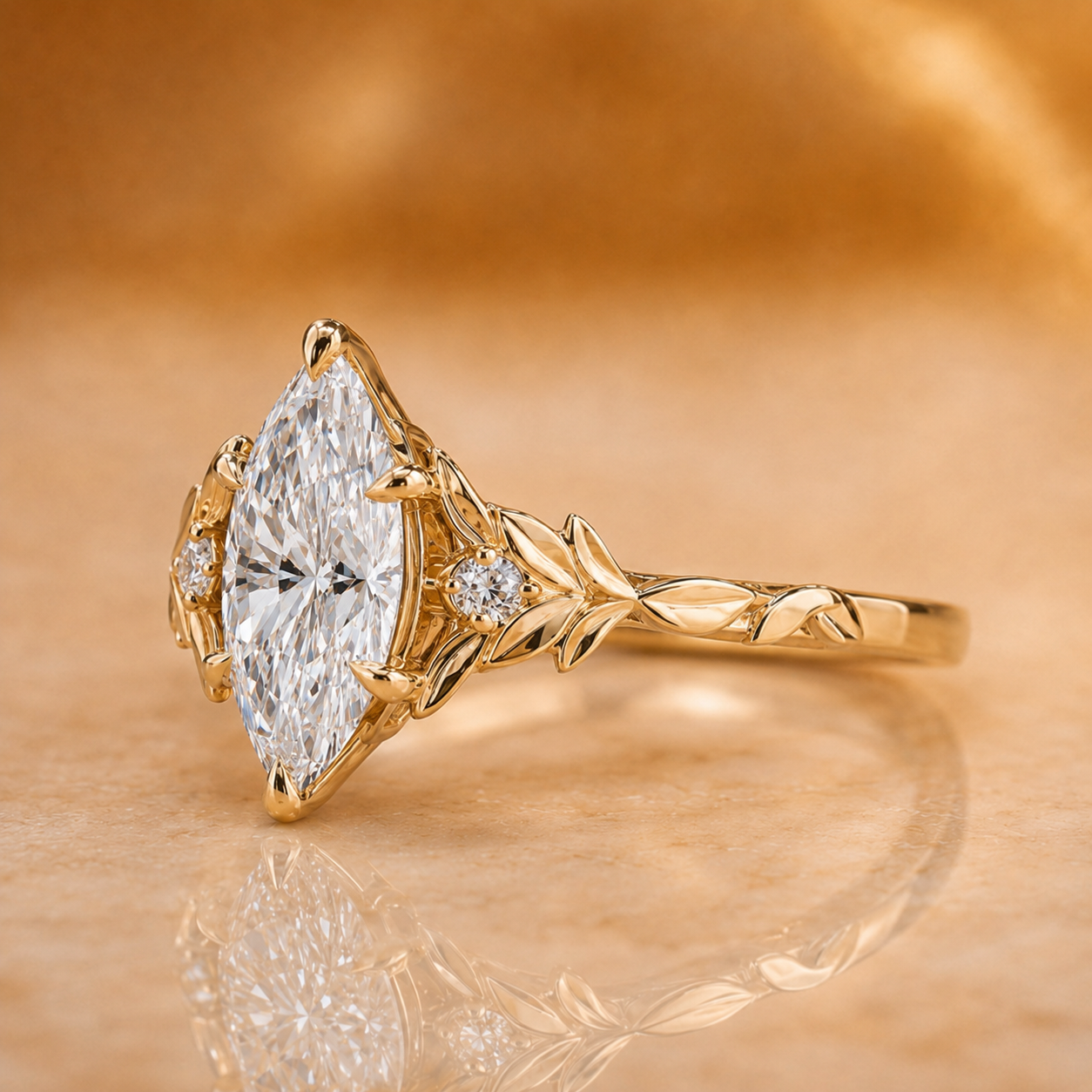 3.02ct Marquise Lab Grown Diamond Engagement Ring – 14K Yellow Gold Floral Leaf Setting