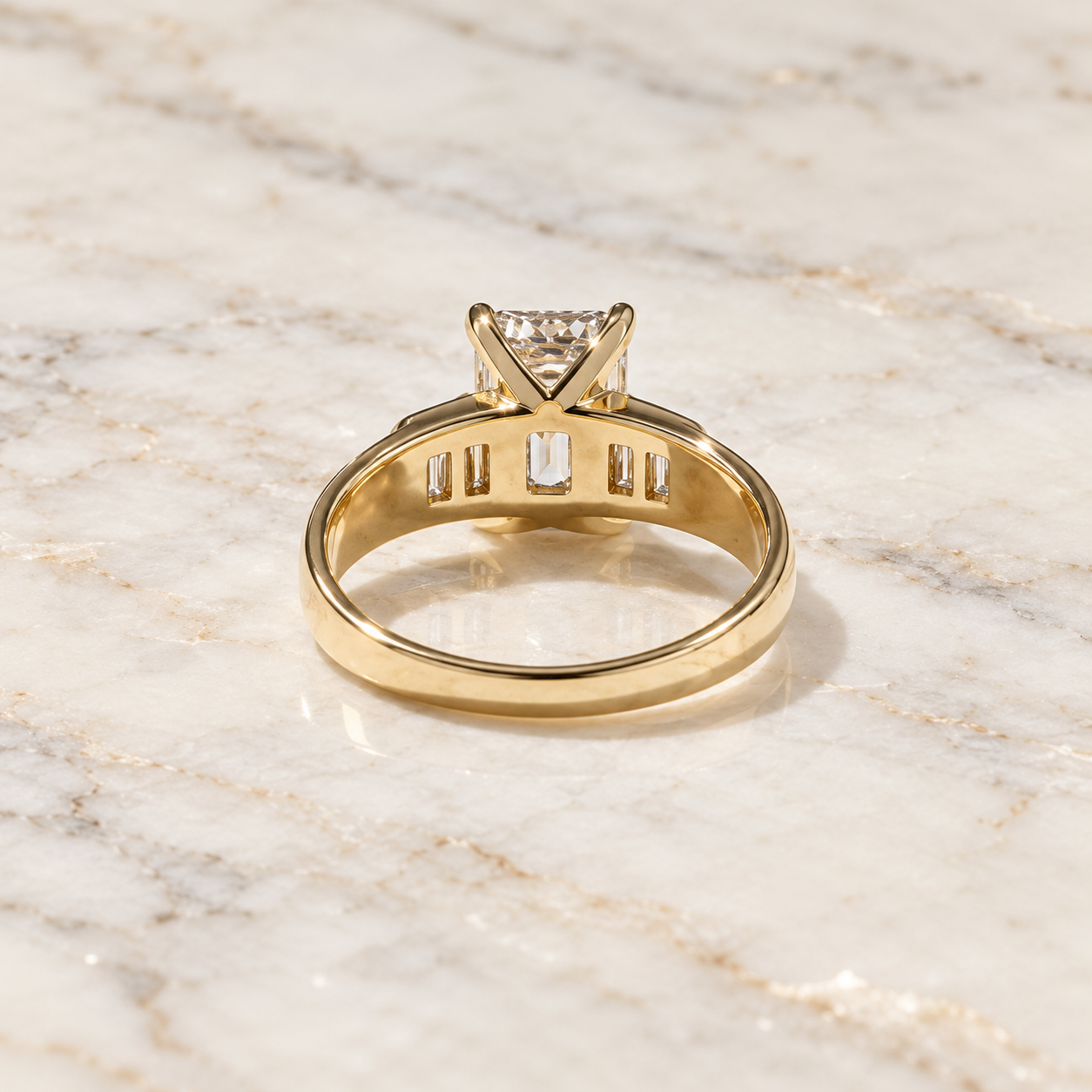Emerald Cut Lab Grown Diamond Engagement Ring, Baguette Side Stones, 14K Yellow Gold Tapered Band