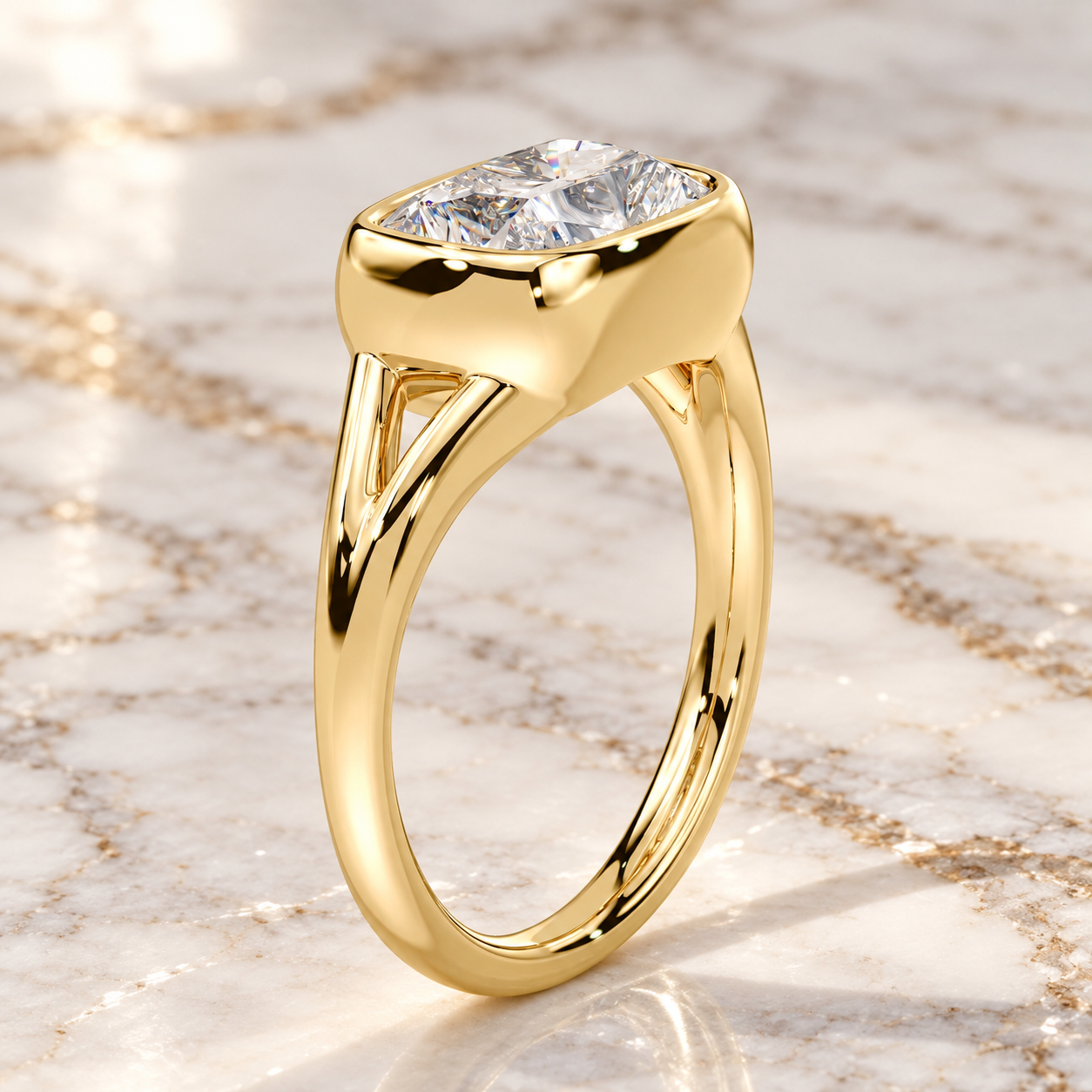 Old Mine Cut Lab Grown Diamond Ring, East-West Bezel, 14K Yellow Gold Split Shank