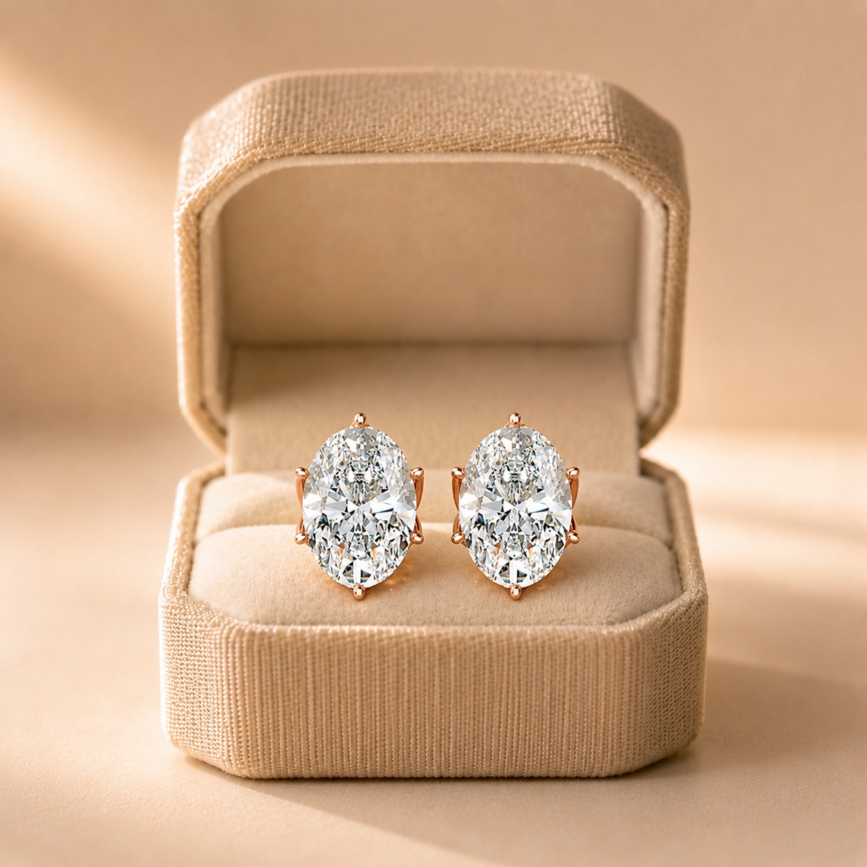 Oval Lab Grown Diamond Stud Earrings Solitaire 14K Rose Gold IGI Certified 2ct Screw-Back