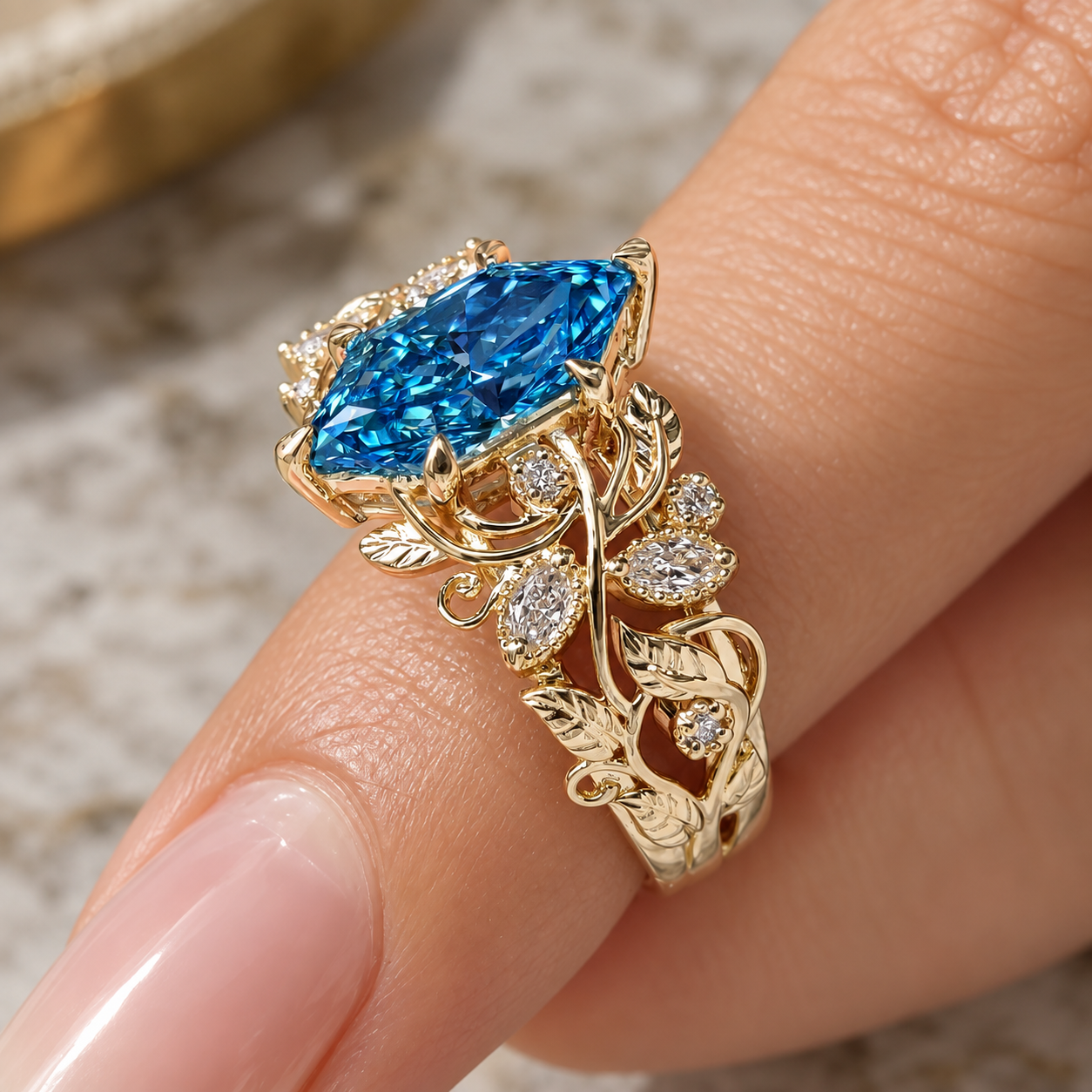 Blue Marquise Lab Grown Diamond Engagement Ring Leaf & Vine 14K Gold IGI Certified 1.5 Carat
