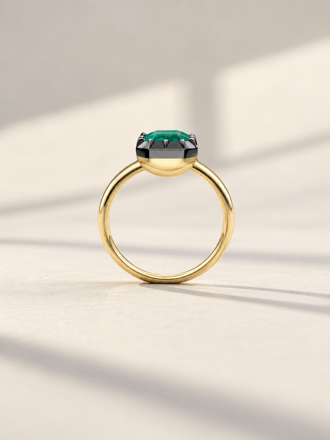 Emerald Cut Natural Emerald Ring Georgian Cut-Down 18K Blackened White & Yellow Gold