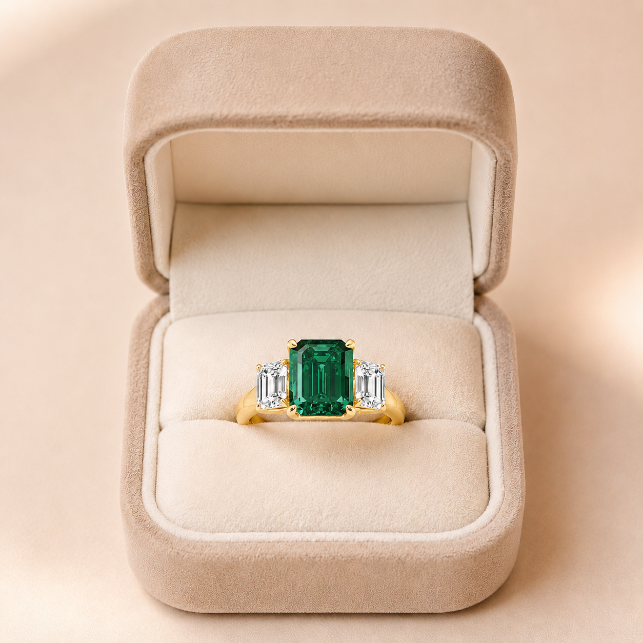 Emerald Cut Lab Grown Diamond Three Stone Ring Green Emerald Center 14K Yellow Gold VVS2 Colorless Sides