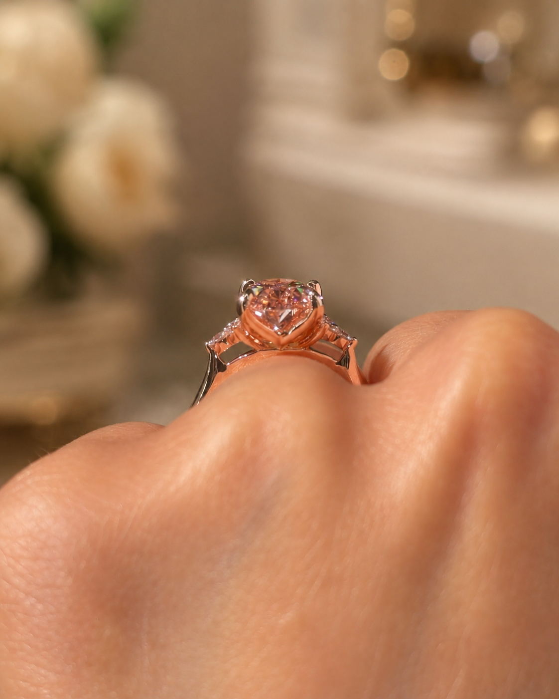 Pink Oval Lab Grown Diamond Engagement Ring Accent Cluster 14K Rose Gold IGI Certified 3.46 Carat