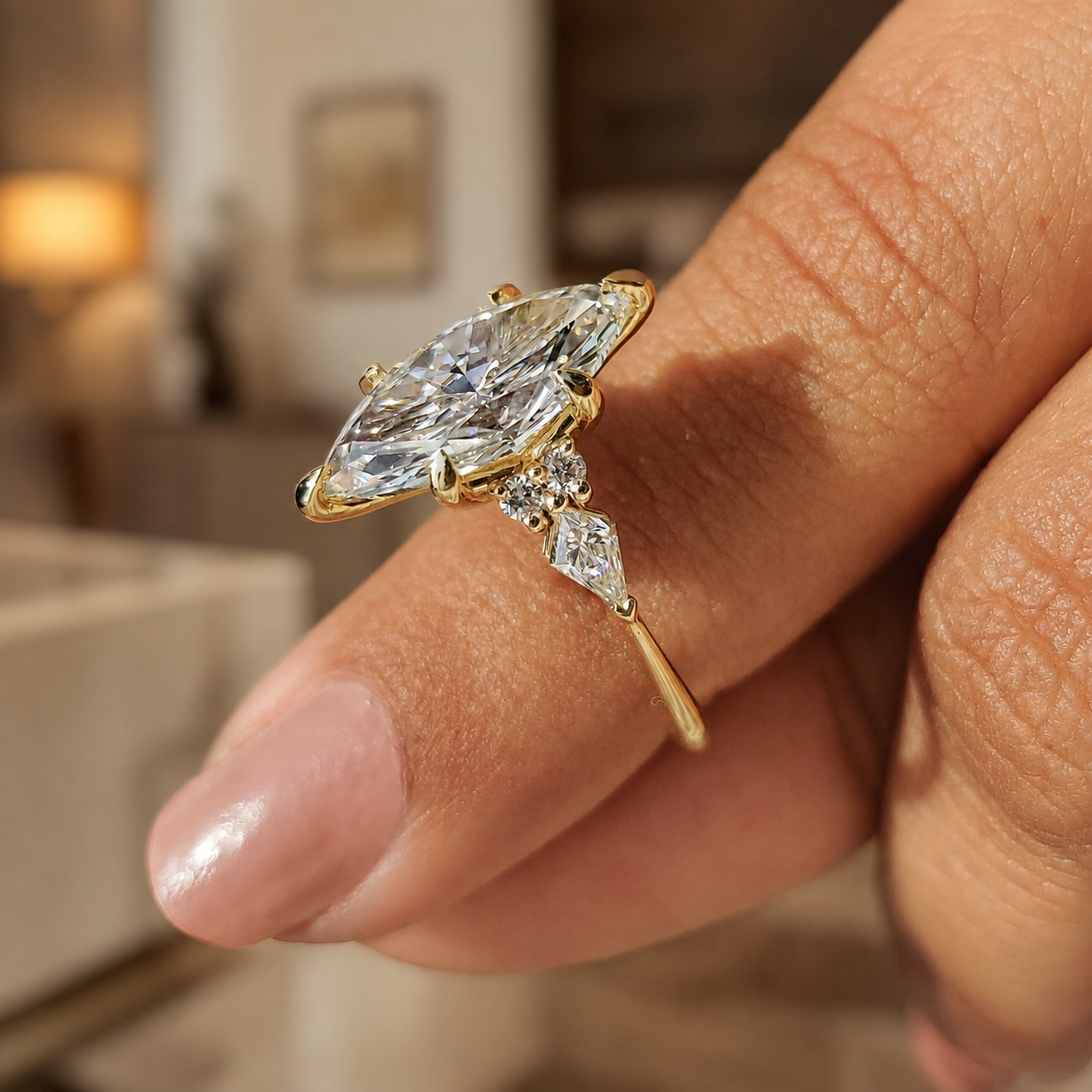Marquise Lab Grown Diamond Engagement Ring Cluster Kite & Round Accents 14K Yellow Gold Artistic Halo Setting